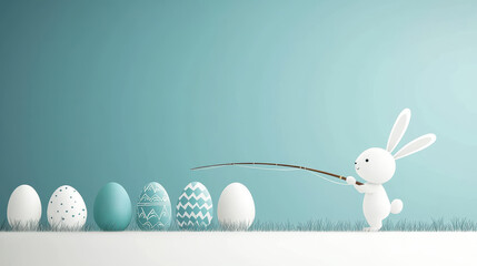 cute bunny fishing for colorful Easter eggs with rod in serene setting
