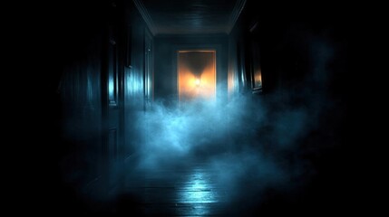 Mysterious and Eerie Fog Filled Corridor in an Abandoned Building. A Dark and Gloomy Atmosphere, with a Light at the End of the Hallway. Perfect for H