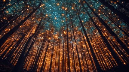 Enchanted Forest Under Starry Sky with Golden and Blue Hues Creating a Magical Atmosphere and Capturing Nature's Wonder in a Dreamlike Landscape
