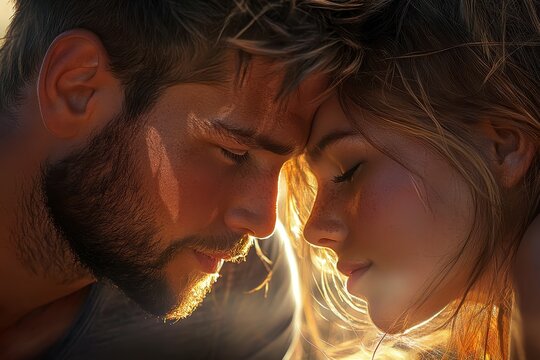 Intimate conversation, a man and woman share a moment, their faces illuminated, expressions revealing connection and emotion.