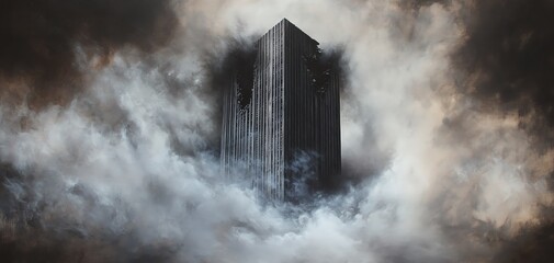 Dark, mysterious skyscraper floats amidst swirling, golden clouds.  Eerie, atmospheric artwork.