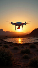 A remote-controlled drone flying over a desert landscape at sunset with sustainable green energy as the theme.