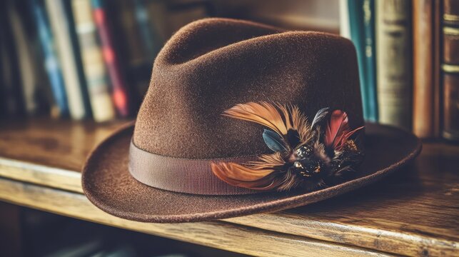 Elegant Brown Hat with Feathers on Wooden Shelf - Powered by Adobe