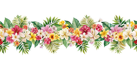 A colorful garland of tropical flowers and leaves including hibiscus and plumeria. Bright colors and exotic plants create a festive atmosphere, without any background.
