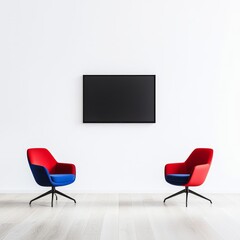 Modern minimalist living room with two designer chairs, a blank wall-mounted television, and a sleek wooden floor, showcasing contemporary interior design aesthetics