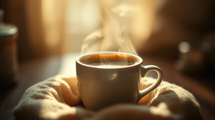 Obraz premium Warm morning beverage steaming in a cozy cup nestled in a soft textile