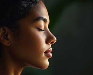 Fototapeta premium A close-up of a woman calm face during a yoga breathing exercise.