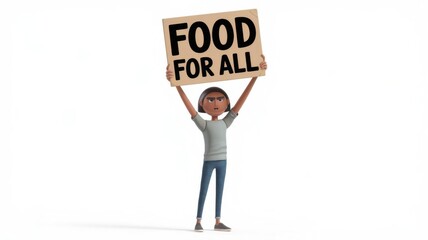 A passionate activist holding a sign reading 'Food for All' in support of social justice. Clean white background