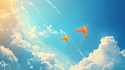 Two kites soar in a vibrant, sunny sky filled with fluffy clouds.