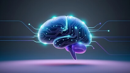 Stylized Human Brain with Glowing Interconnected Circuits in Blue and Violet