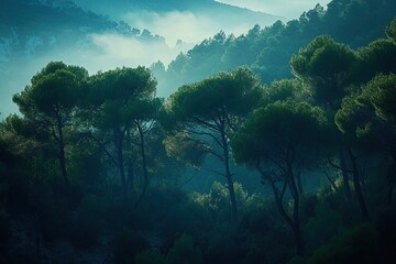 Obraz premium Misty Mountain Forest: Trees Stand Tall in Early Morning Fog, Tranquil Nature Scene, Serene Landscape Photography