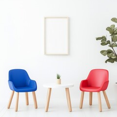 Modern Minimalist Interior with Colorful Chairs, Blank Frame, and Decorative Plant in Bright Room, Ideal for Contemporary Design Spaces and Creative Displays