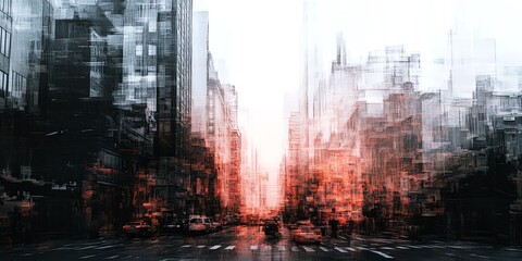 Fototapeta premium Abstract city street scene at sunset. Double exposure effect creates a surreal, dreamlike atmosphere. Ideal for urban, modern, and technology themes.