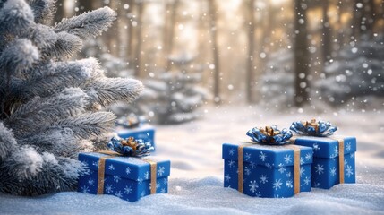 Snowy Winter Scene with Blue Christmas Gifts and Forest Background