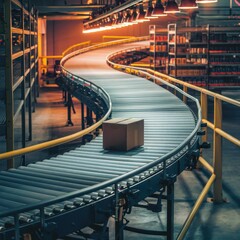 Industrial conveyor belt, illuminated archway, warehouse interior, geometric patterns, warm lighting, metallic textures, futuristic logistics, automated sorting system, curved pathway, depth of field,