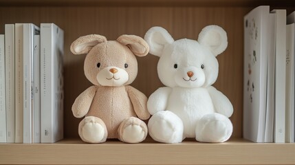 Two plush toys, a bunny and a mouse, sitting on a bookshelf.