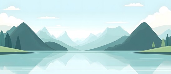 Calm lake reflecting mountains, peaceful sky; website banner