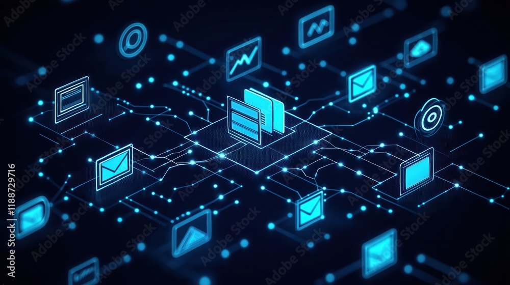 Poster modern tech design shows digital data network. icons of files data, communication connect in complex