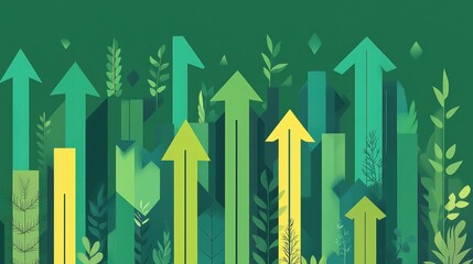 Green Abstract Background with Arrows and Plants Design Elements