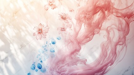 Fototapeta premium **A surreal swirl of pinkish smoke in floral patterns interlaced delicately with shimmering blue ink droplets resembling blooming petals against a sunlit white marble backdrop