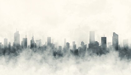 Fototapeta premium Abstract watercolor cityscape painting. Modern city skyline obscured by fog or mist. Monochromatic shades of gray and white.