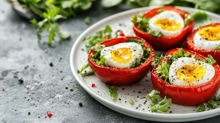 Side view of baked eggs in red pepper halves filled with green salad, served on a white plate, with scattered salad leaves and space for text