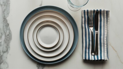 Minimalist table setting, gray ceramic plates, stainless steel cutlery, striped napkin, glass of water, neutral tones, overhead view, clean lines, modern dining, Scandinavian style, muted colors, text