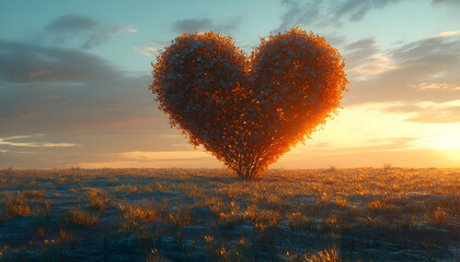 Heart-shaped tree sunset field romance
