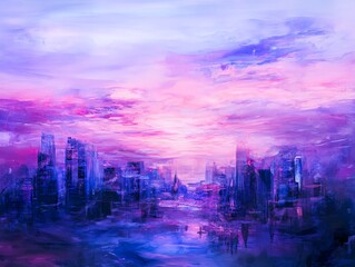 Dreamy purple cityscape at sunset.  Abstract painting of a city skyline with vibrant pink and purple hues. Ideal for fantasy, romance, or urban themes.