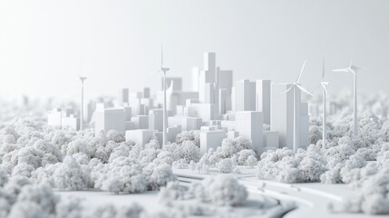 White Minimalist Cityscape Model with Wind Turbines and Trees