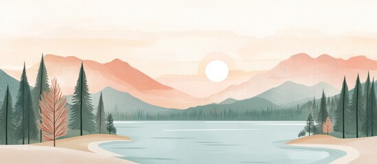 Naklejka premium Calm sunset lake, mountain landscape, tranquil scene, nature print
