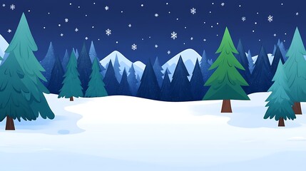 A snowy forest with trees and mountains in the background