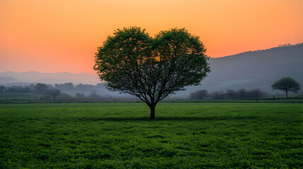 Obraz premium Heart-shaped tree sunset field