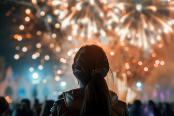 Obraz premium person watches colorful fireworks display night, creating festive atmosphere. vibrant lights illuminate surroundings, enhancing joyful experience