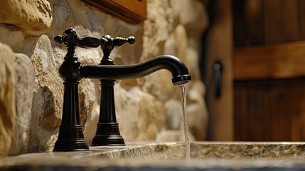 A black faucet over a stone sink in a rustic bathroom with soft natural lighting.