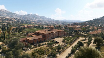 Fototapeta premium Scenic Aerial View of Vineyard Landscape with Rolling Hills and Mountains