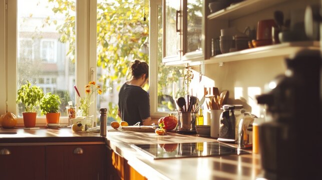 A bright, modern kitchen with someone scrubbing the edges of an induction cooktop.