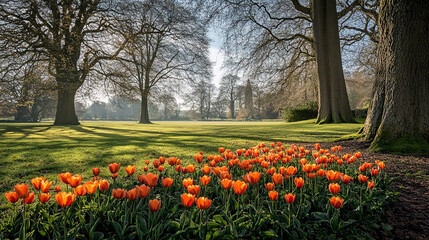 Obraz premium Bright orange tulips are in full bloom, creating a striking foreground against the lush greenery of a tranquil park illuminated by morning sunlight