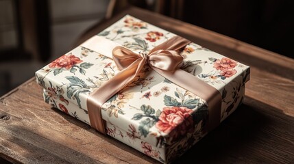 Floral gift box with satin ribbon on wooden table.