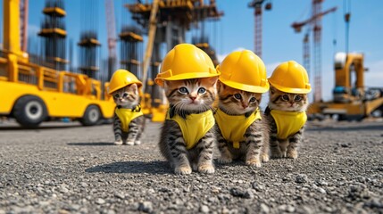 Fototapeta premium Adorable Kittens in Hard Hats at Construction Site