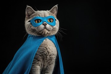 A cute British Shorthair cat dressed as a superhero with a blue cloak and mask, isolated on a black background, with a pastel color theme