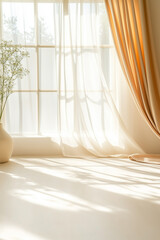 Interior of a bright sunny empty room. Window with curtains and plant. 