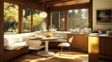 Obraz premium A cozy breakfast nook adjacent to a kitchen counter, filled with natural light.