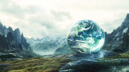 Earth globe on mountains background