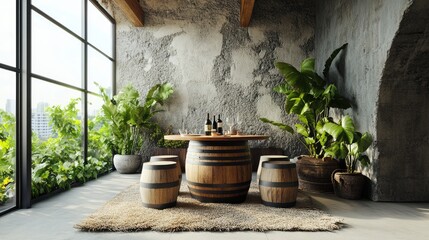 Fototapeta premium A cozy wine corner with a barrel-style table and matching stools.