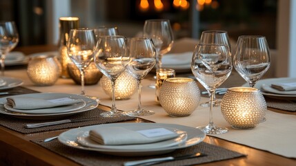 Fototapeta premium A dining table set with wine glasses, candles, and stylish tableware in a contemporary home.