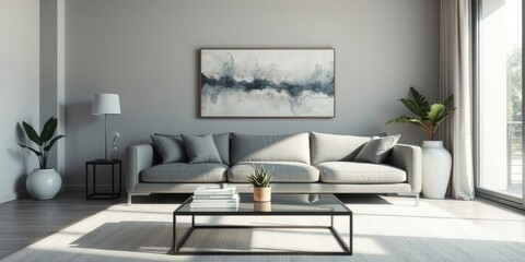 Modern living room interior design with light grey sofa, minimalist coffee table, and abstract artwork