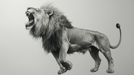 Powerful lion roaring, grayscale, isolated, wildlife