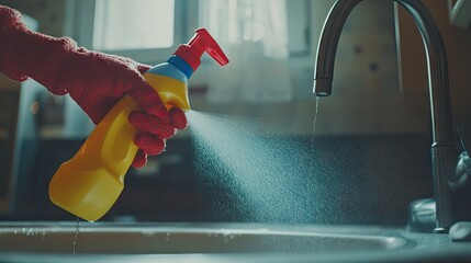 A housewife spraying a kitchen sink with a colorful detergent bottle.