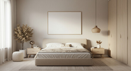 A visually appealing image that captures the essence of a modern bedroom with a focus on minimalist design and neutral colors